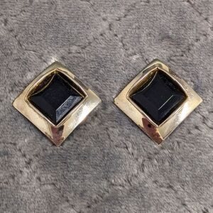 Vintage Diamond Shaped Black Acrylic & Silvertone Clip Earrings